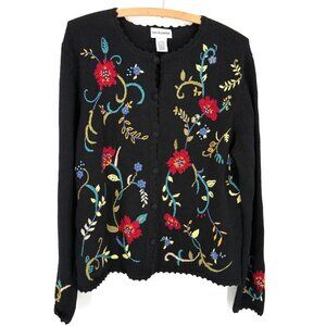 Breckenridge‎ Black Floral Embroidered Cardigan L 55% Ramie 45% Cotton